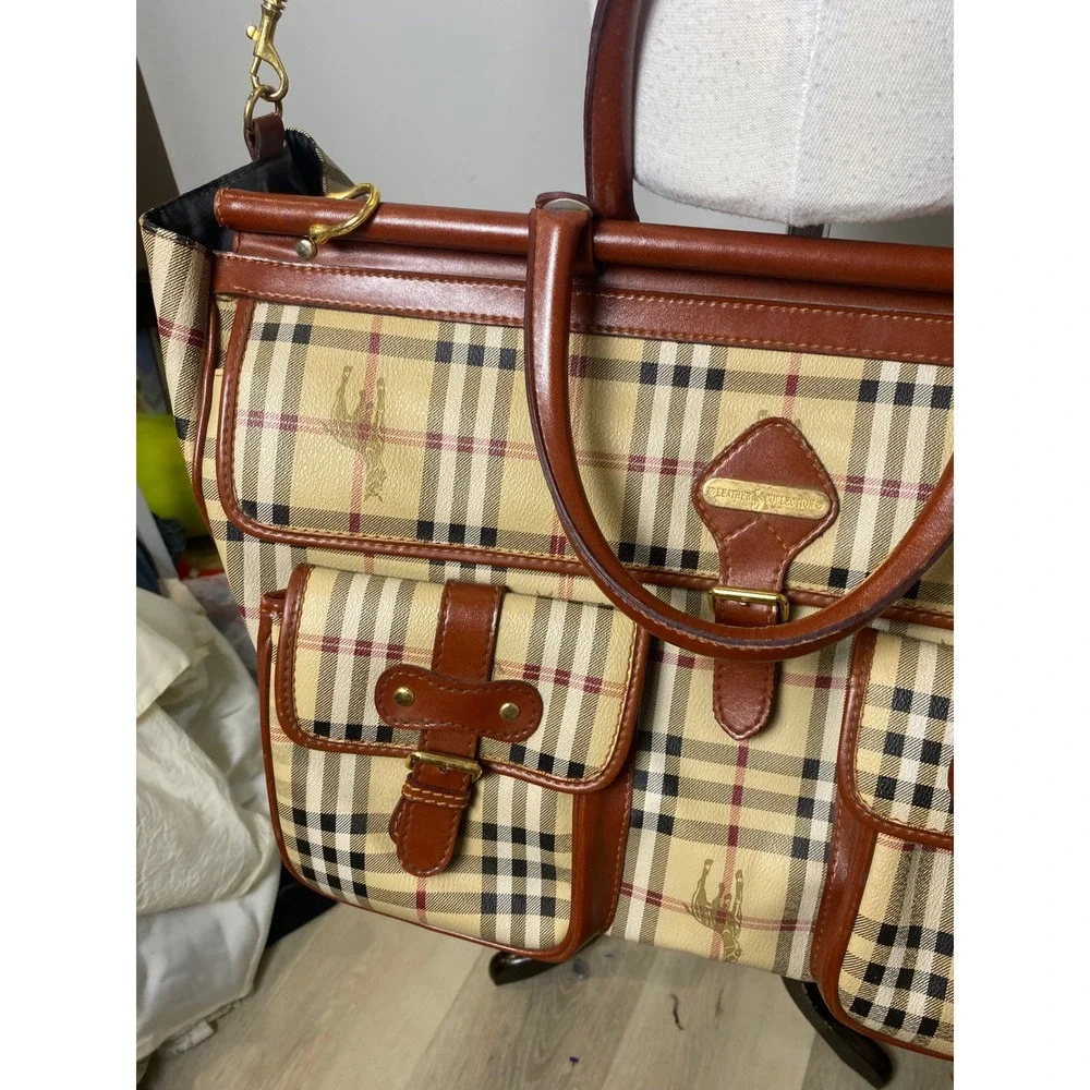 Vintage 90s Leather Collection Nova Check Plaid Satchel Crossbody Bag Brown